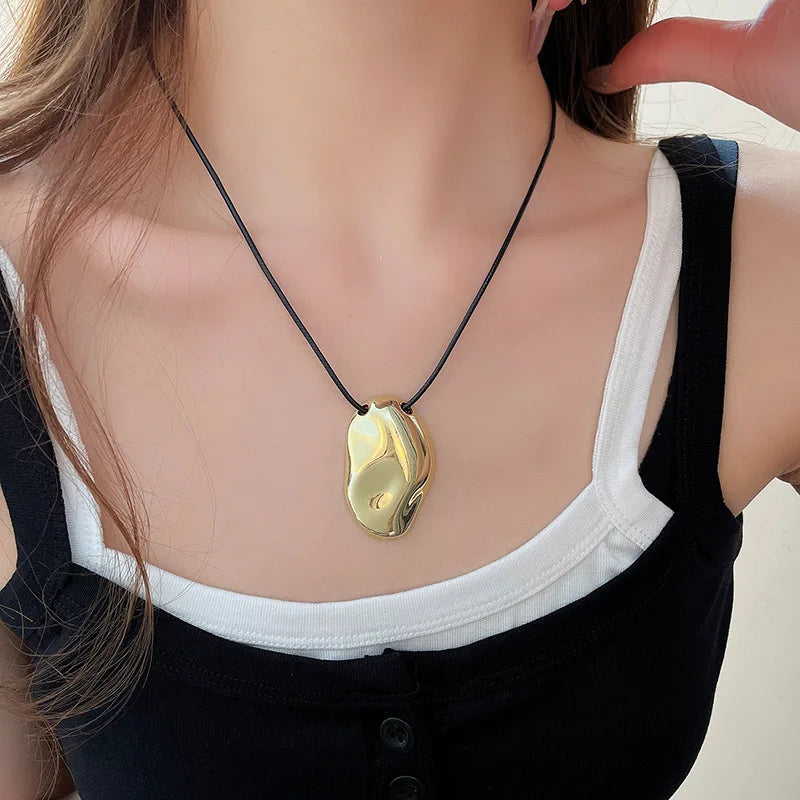 Punk Large U-Shape Geometric Pendant Necklace for Men and Women Adjustable Leather Rope Sweater Chain Jewelry