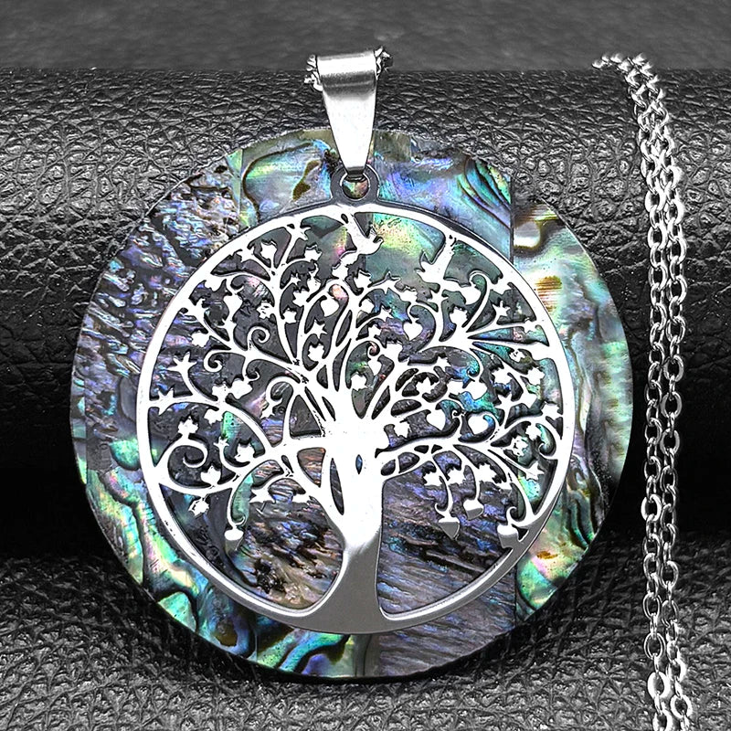 Tree of Life Abalone Shell Necklace Gold Color Stainless Steel Boho Jewelry for Weddings and Special Occasions