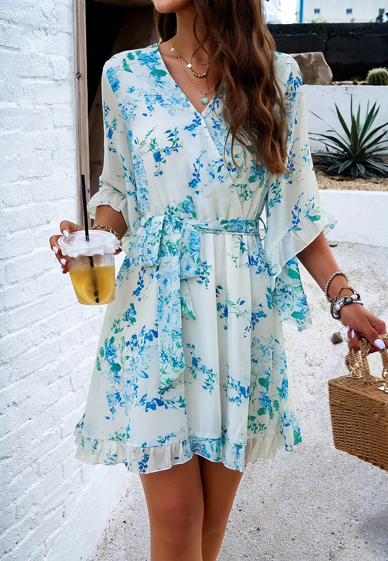 Floral Print Midi Dress with Strappy Lace Up V Neck Party