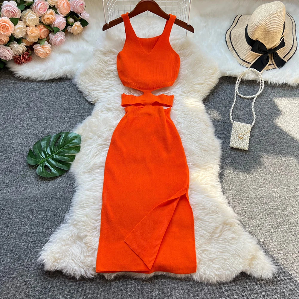 Sexy Hollow Out Waist Knitted Bodycon Summer Dress For Women
