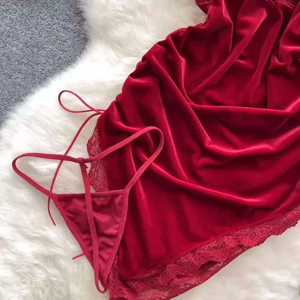 Golden Velvet Backless Lingerie With Lace Trim Sleep Dress