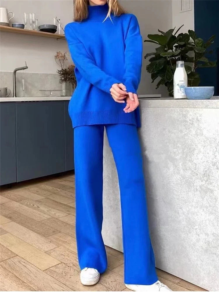 2 Pieces Blue Knitted Women's Tracksuit Set with Turtleneck Sweater and Straight Leg Jogging Pants