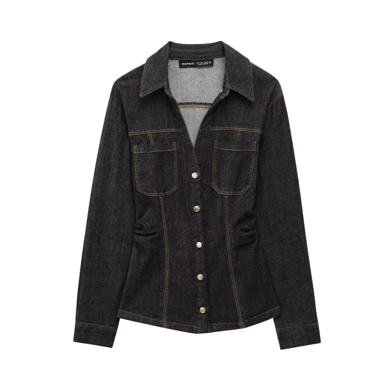 Women's Slim-Fit Denim Shirt with Stretch Waist and Flare Trousers for Comfortable Spring Style