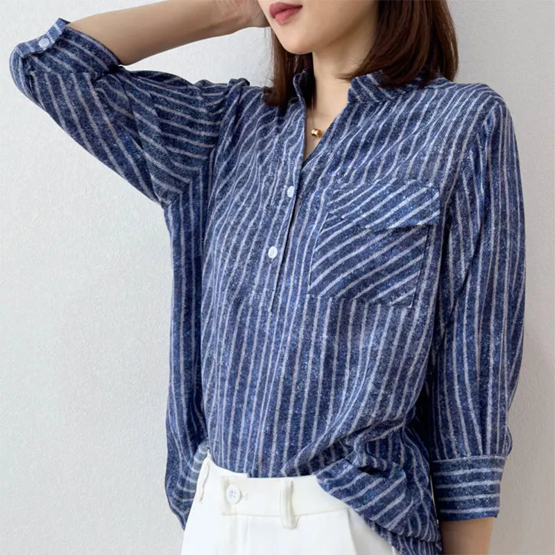 Women 100 Percent Mulberry Crepe Silk Shirt Blue Jeans Stripe Printed Three Quarter Sleeve Pullover Blouse Elegant Office Top in M L XL