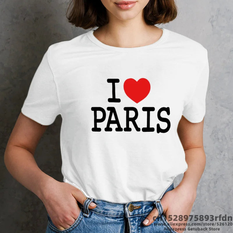 I Love Paris Funny Print T-Shirt for Women in Black White and Pink Colors Summer Short Sleeve Tee Y2K Harajuku Style