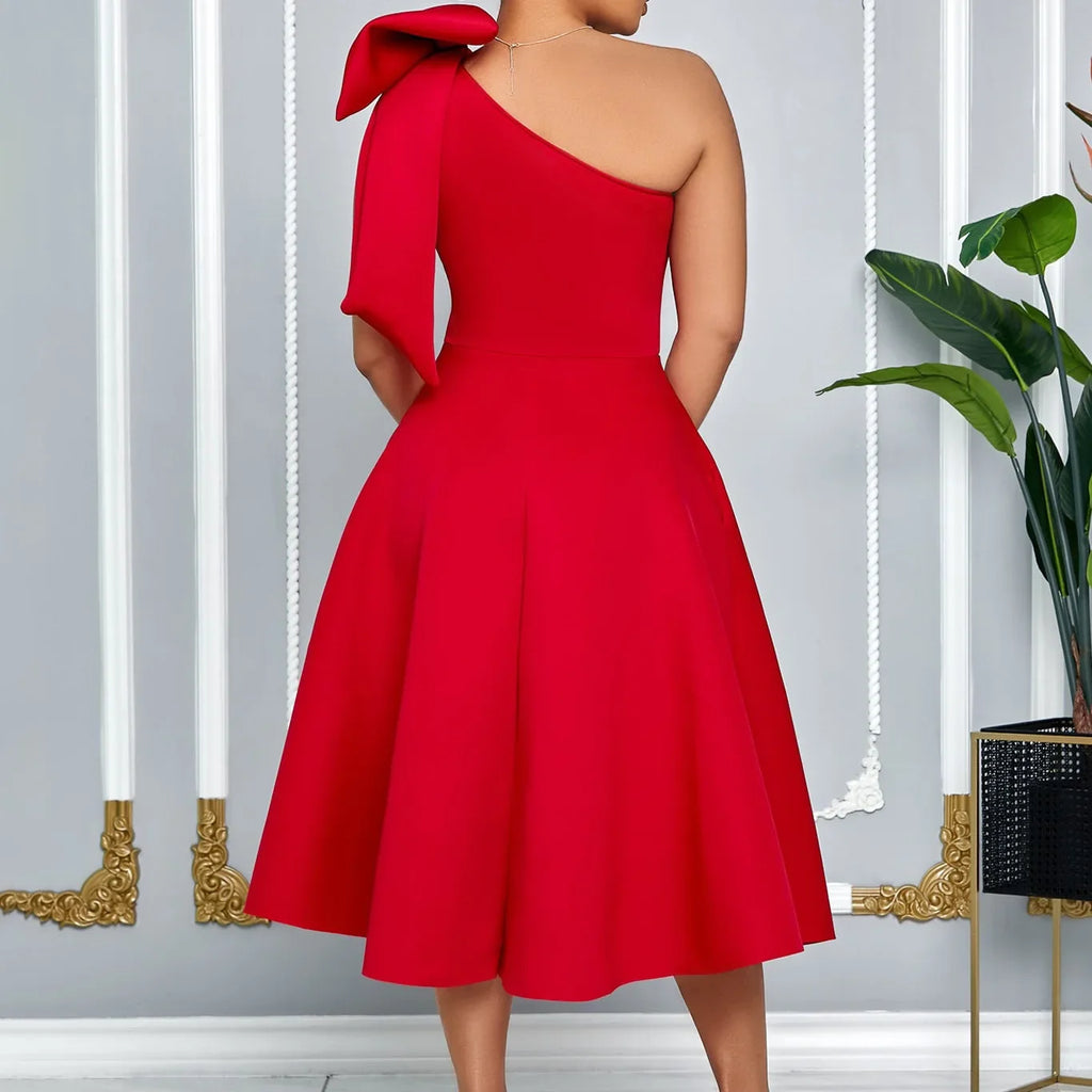 One Shoulder Bow Dress A Line Pleated Mid Calf Party Dress
