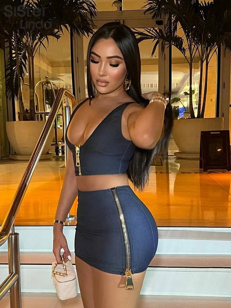 Casual Two Piece Set for Women Sleeveless Zipper Low Neck Tank Top with High Waist Hip Skirt Party Clubwear Ensemble