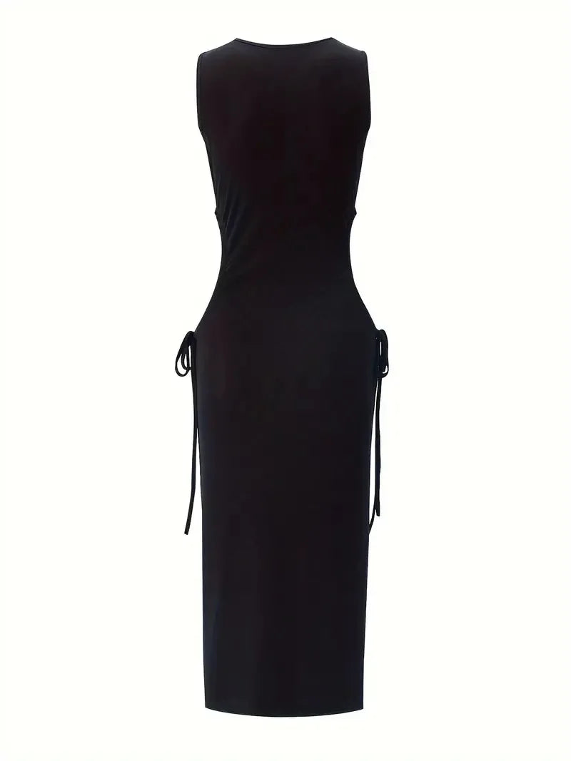 Sleeveless Round Neck Drawstring Waist Slit Dress for Women