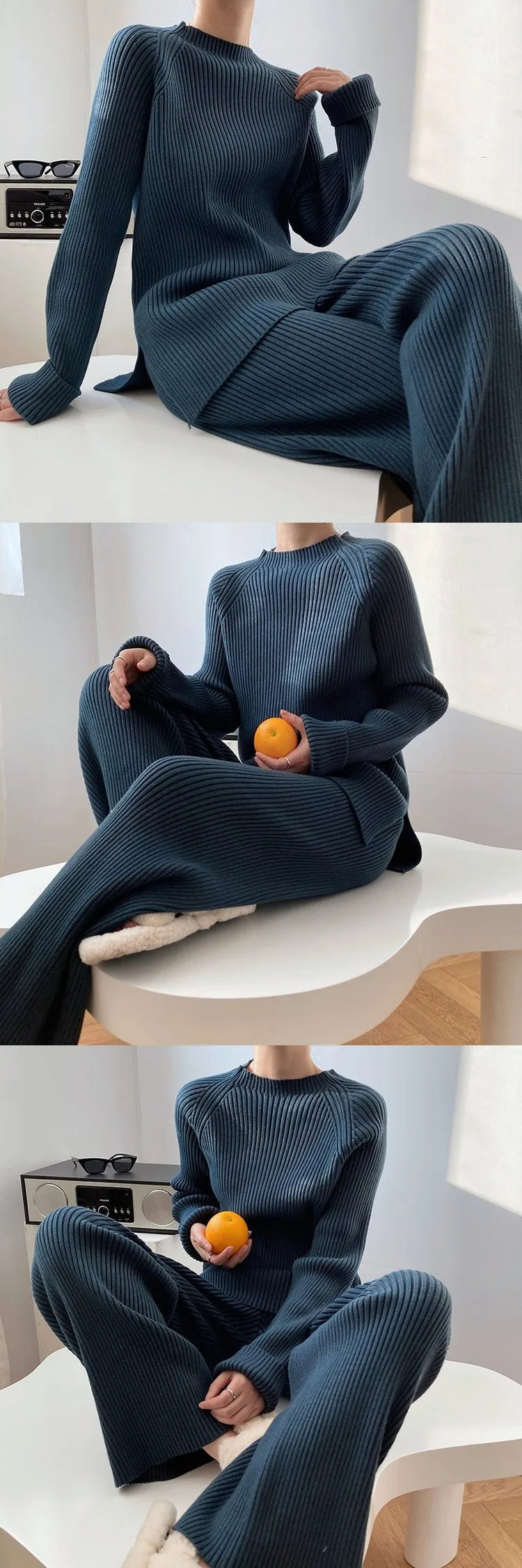 Knitted Tracksuit for Women Autumn Winter Two Piece Set with Half Turtleneck Sweater and Wide Leg Jogging Pants Outfit