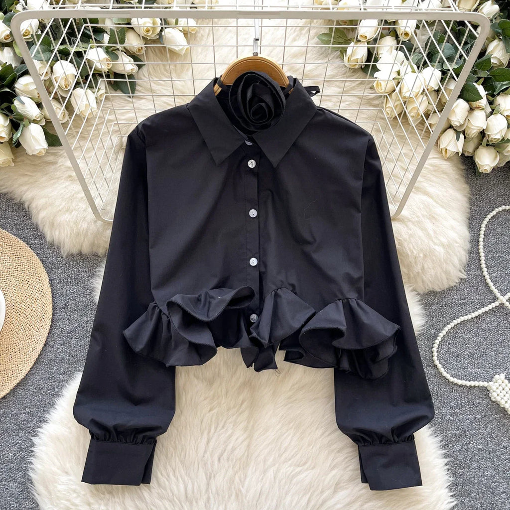 Women's 3D Floral Long Sleeve Blouse Single Breasted Turn-Down Collar Slim Fit Solid Color Shirt