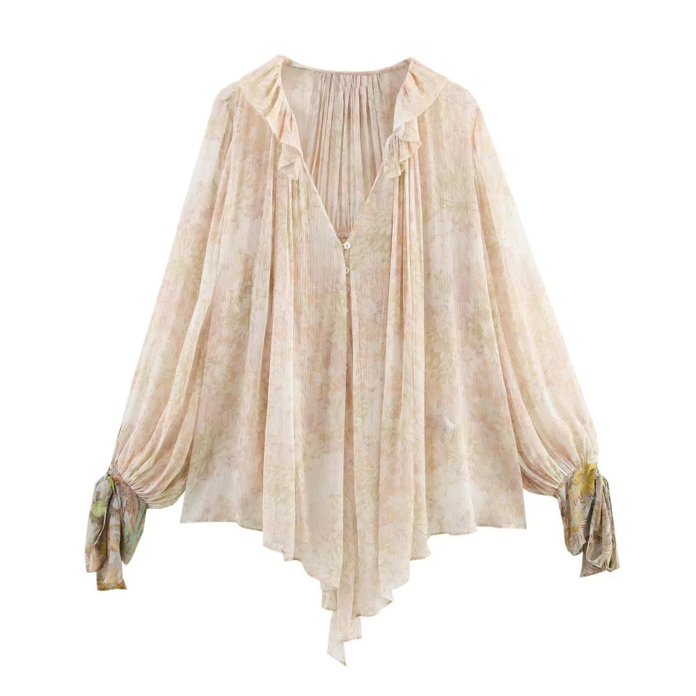 Loose Printed Blouse for Women with Pleated V-Neck Lantern Sleeves Single-Breasted Casual Pullover Shirt Chic Lightweight Spring Summer Top
