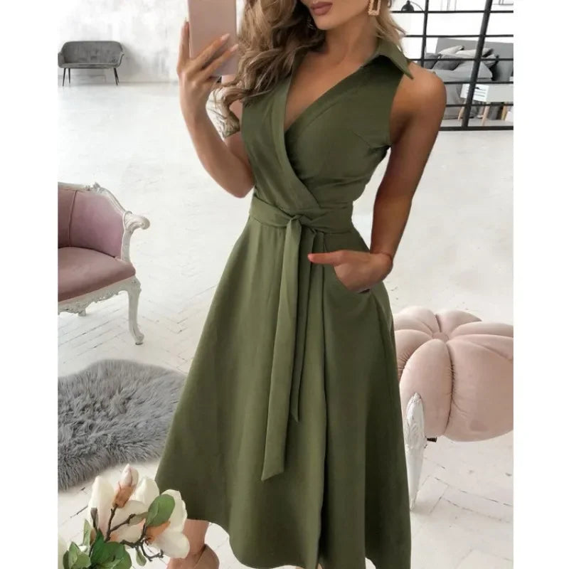 Women Belted V Neck Long Sleeve Dress For Spring Summer