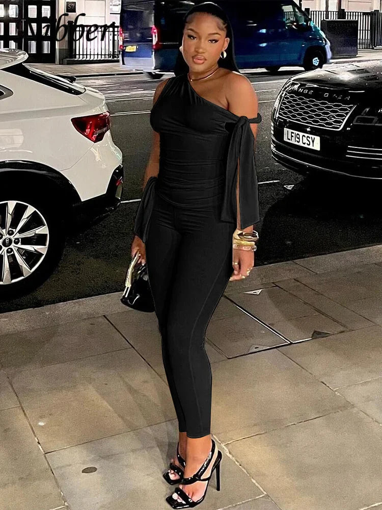 Chic Elegant 2 Piece Women Tracksuit Set with Skew Collar Tank Top and Casual Skinny Leggings