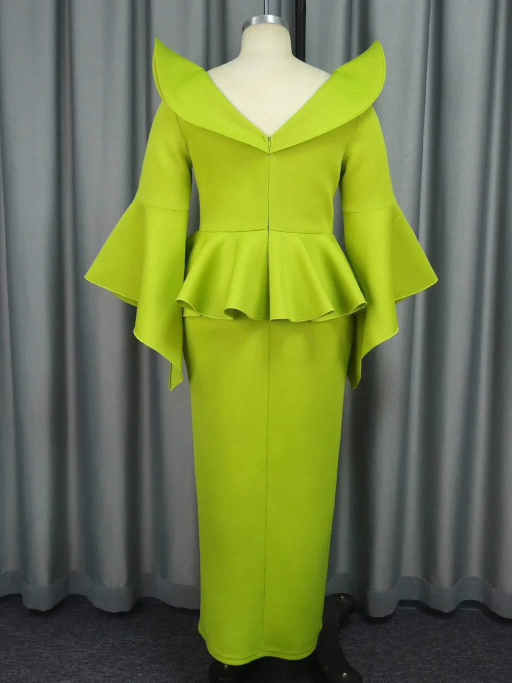 Green V Neck Birthday Party Dress With Ruffles And Slit Long