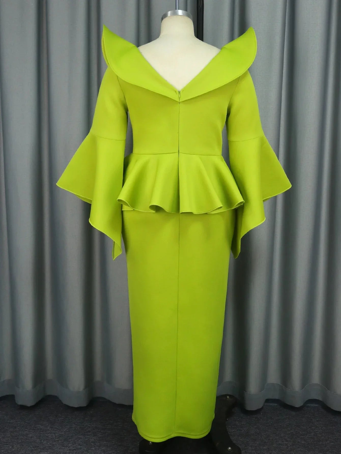 Green V Neck Birthday Party Dress With Ruffles And Slit Long