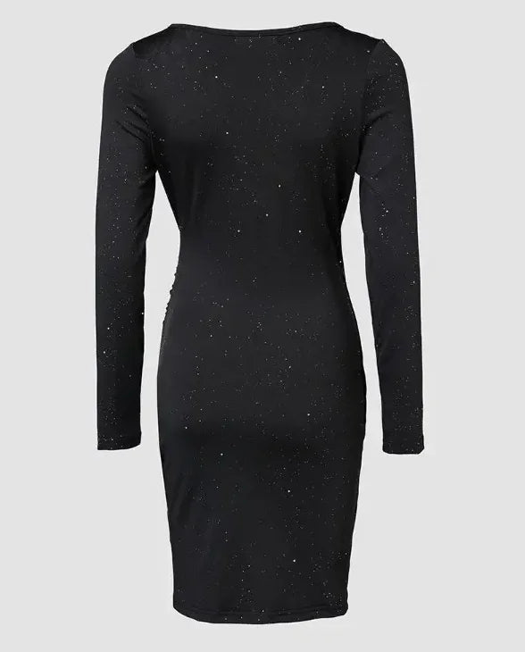 Elegant Black V Neck Glitter Mini Dress With Long Sleeves