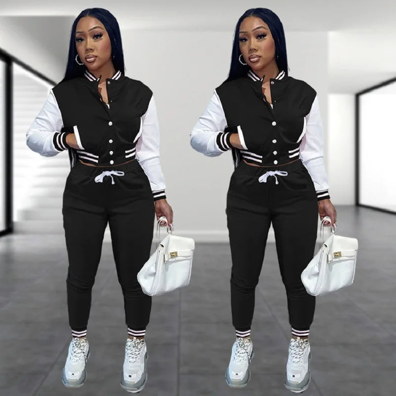 Women's Stitching Baseball Jacket Two-Piece Sports Suit
