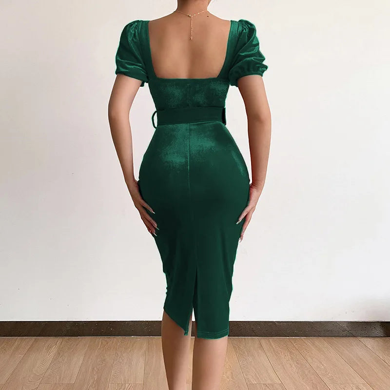 Velvet Wrapped Dress With Low Neck Bubble Sleeves Chic