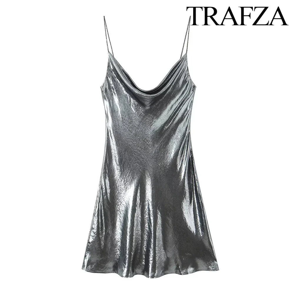 Metallic Glitter Backless Spaghetti Strap Dress For Party