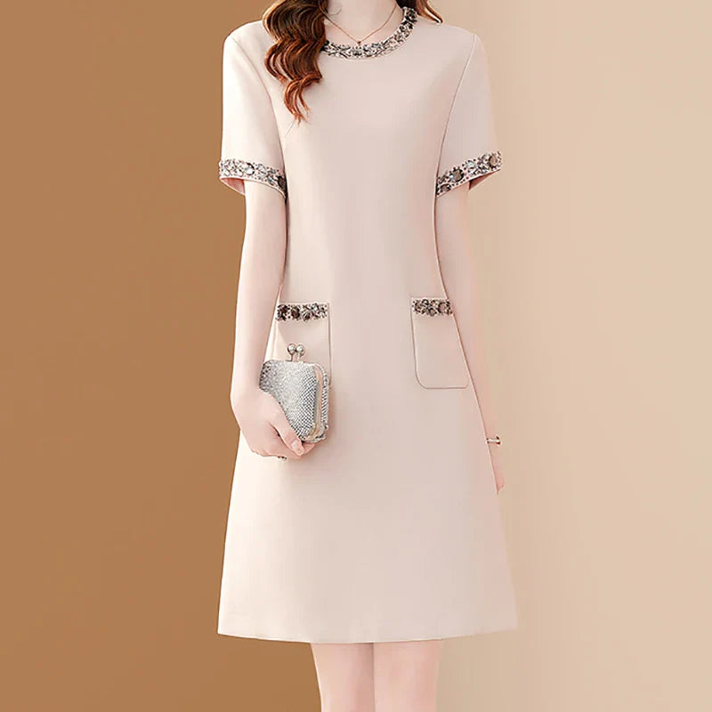 Elegant O Neck Embroidered A Line Dress For Women Office