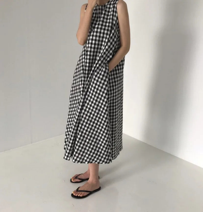 Vintage Plaid Tank Dress for Women High Waist O Neck