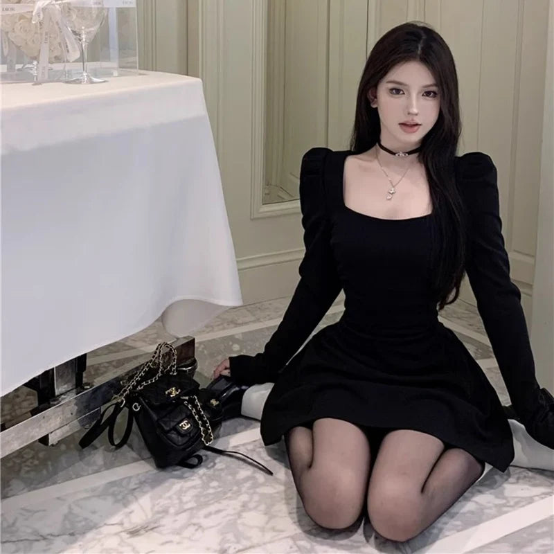 Elegant Women Evening Dress Long Sleeve Retro Banquet Black