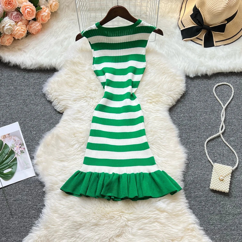 Ruffled Striped Knit Mini Dress For Summer Party Look