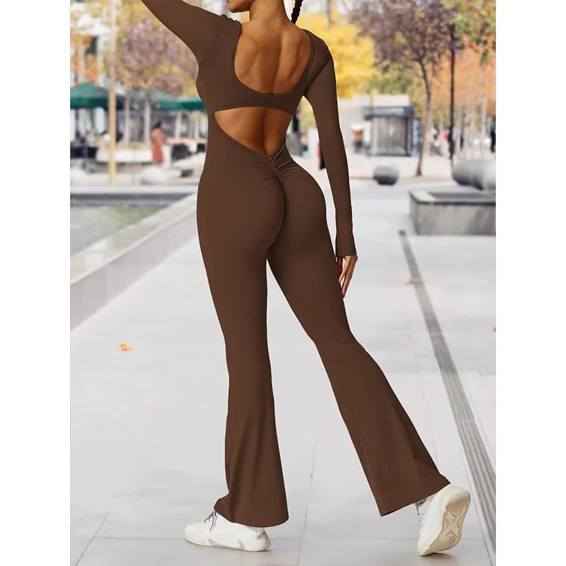 Long Sleeved U-Neck Tight Fit Backless Jumpsuit for Autumn and Winter Yoga Sports and Leisure