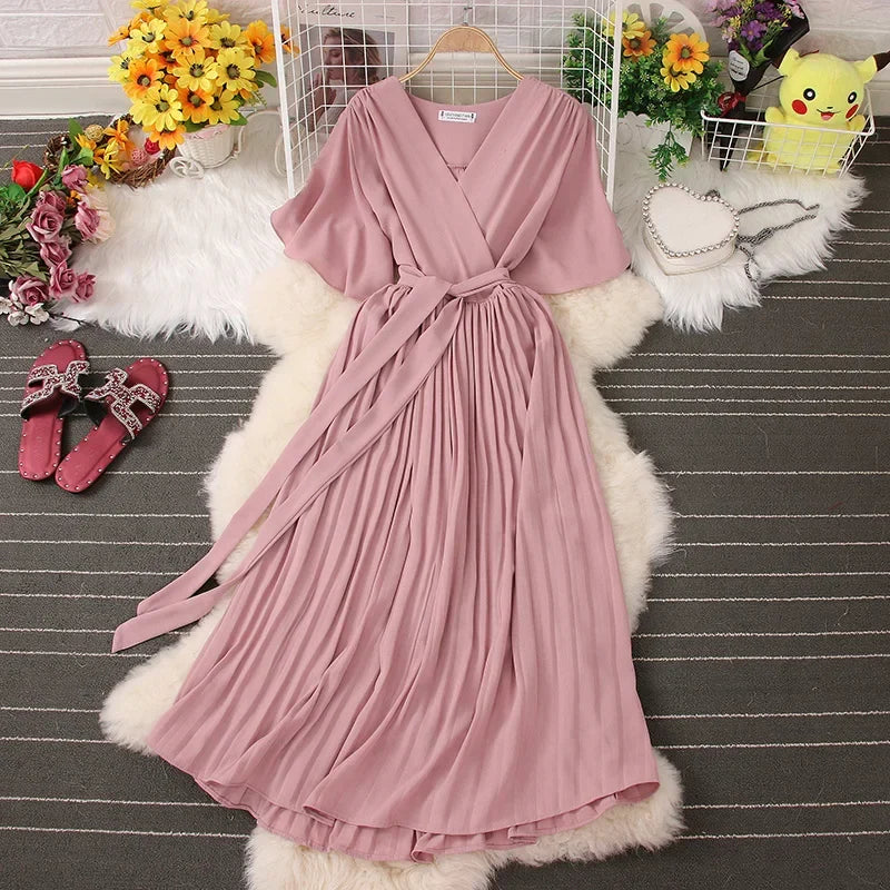Chiffon Pleated Lace Up V Neck Dress For Women Summer