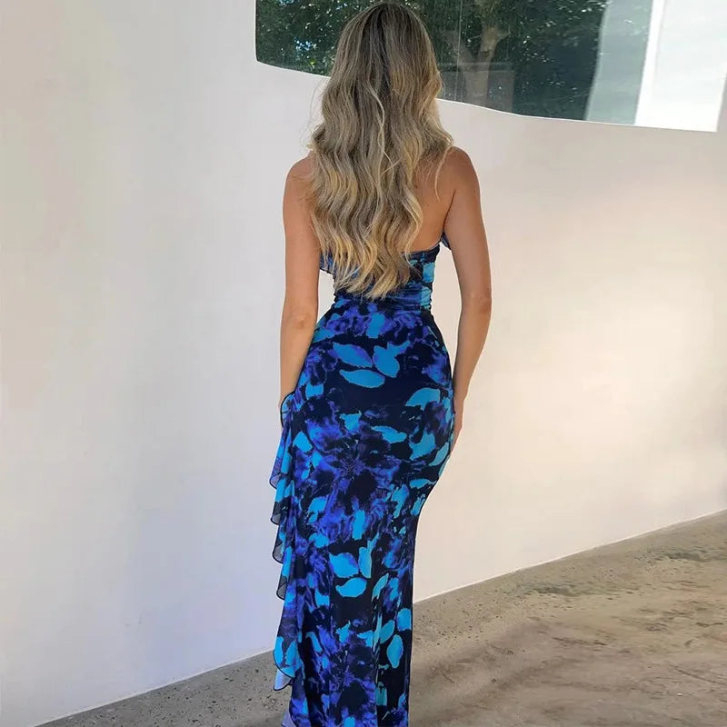 Tie Dye Midi Dress With Lace Up Side Slit Bodycon Ruffles