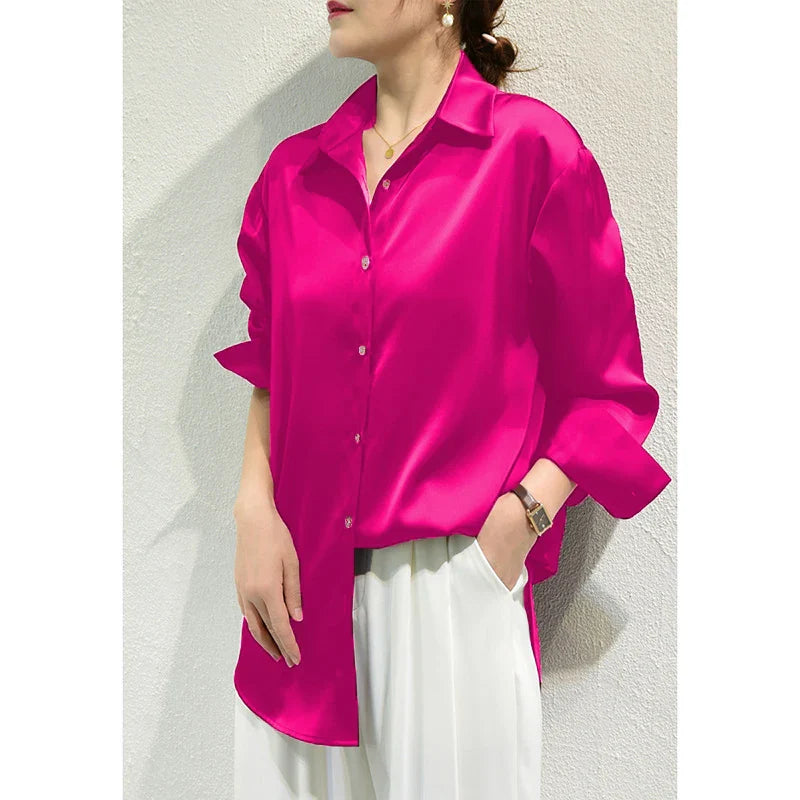 Satin Finish All-Match Blouse for Women Long Sleeve Casual Elegant Button Down Shirt Solid Color French Style Office Top