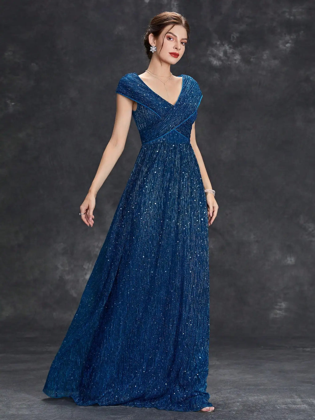 V-Neck Evening Gown with Mesh Details A-Line Full Skirt