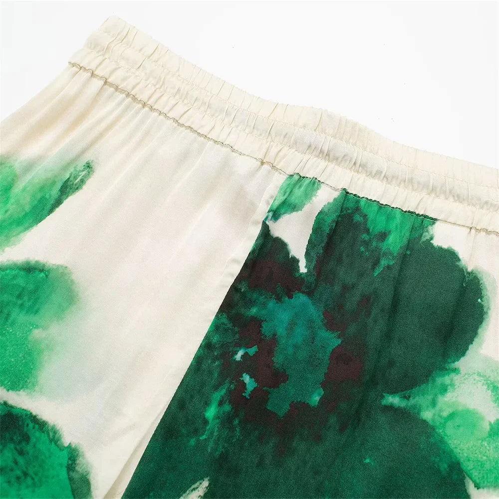 Autumn Women's Casual Loose Collar Long Sleeve Printed Shirt and High Waist Wide Leg Pants Set