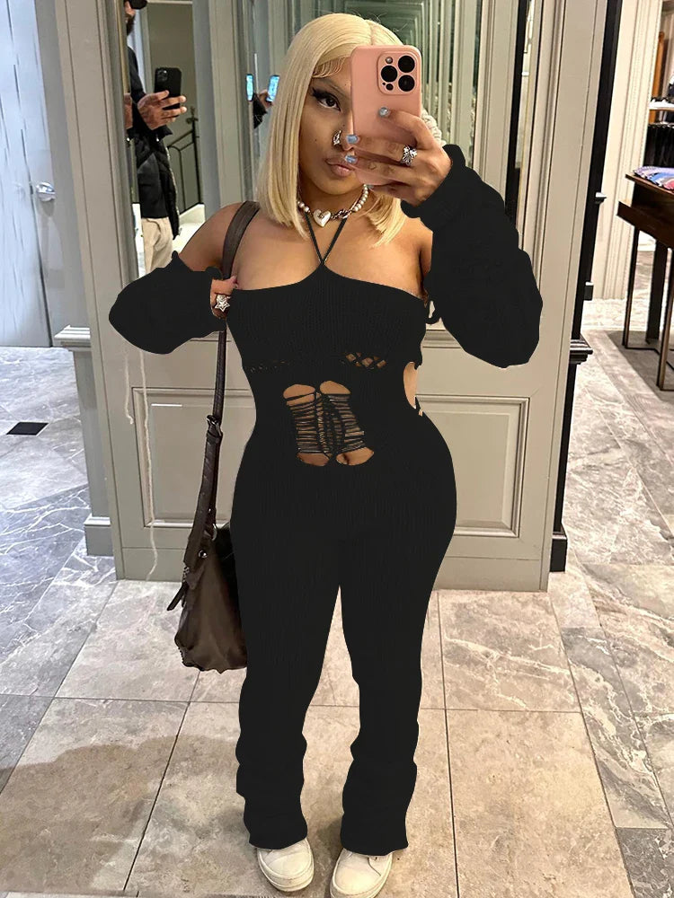 Weird Puss Bandage Knit Halter Jumpsuit with Gloves Women Stretch Sexy Backless Hollow Skinny Street Style Stacked Workout Overalls