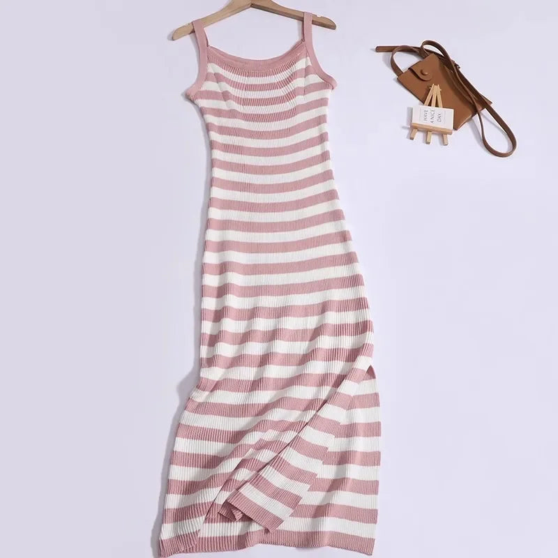 Striped Knit Slip Dress With Slim Waist For Summer Chic