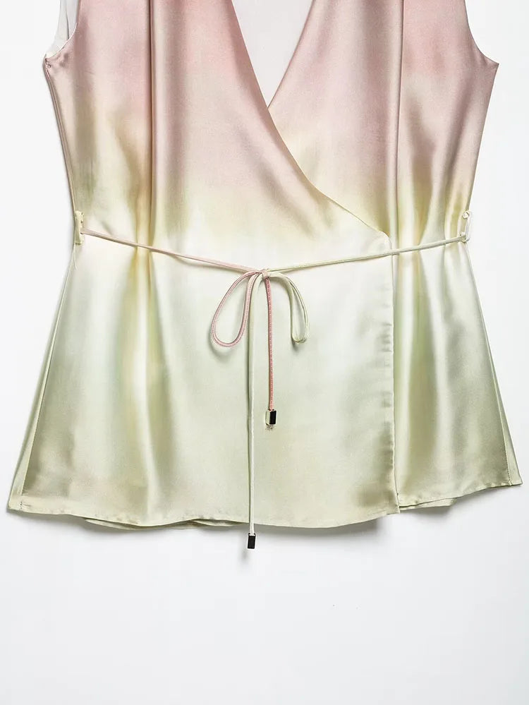 Women Tie Dye Two Piece Set Casual V Neck Waistcoat and Wide Leg Trousers with Shoulder Pads