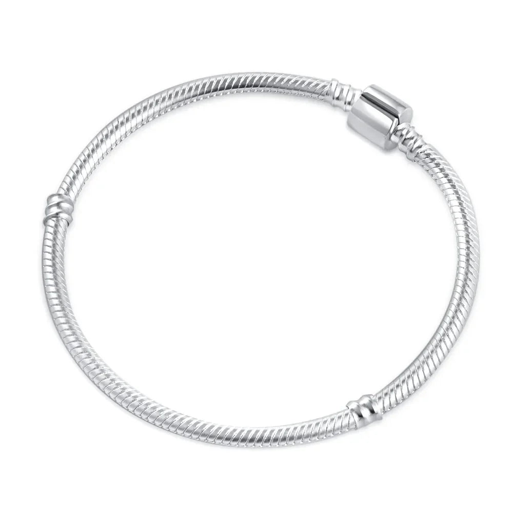 Sterling Silver 925 Heart and Flower Clip Clasp Bracelet with White Zircon Beads 16-21CM