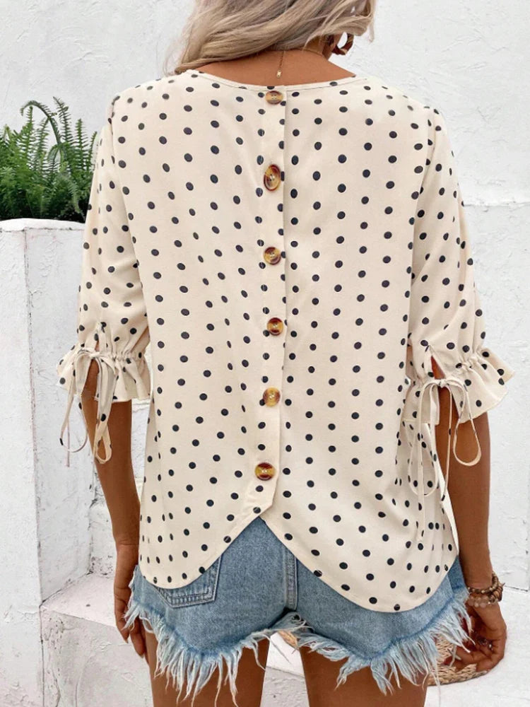 Women's Polka Dot Print Sleeveless Round Neck Shirt with Button Front and Adjustable Drawstring Cuffs for Spring and Summer