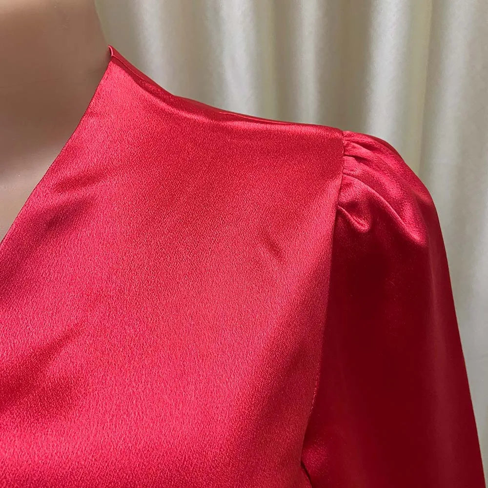 Elegant Satin V Neck Office Blouse for Women Full Sleeve Front Split Luxury Party and Dinner Shirt