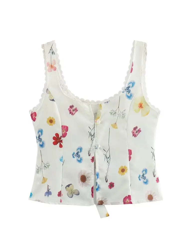 Women's Square Collar Lace-Up Slim Fit Top and Single Breasted A-Line Midi Skirt Two-Piece Set with Feminine Print