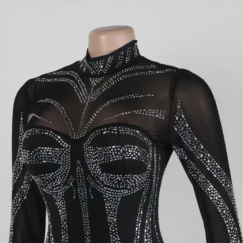 Rhinestone Crystal Birthday Dress Mesh Patchwork Bodycon