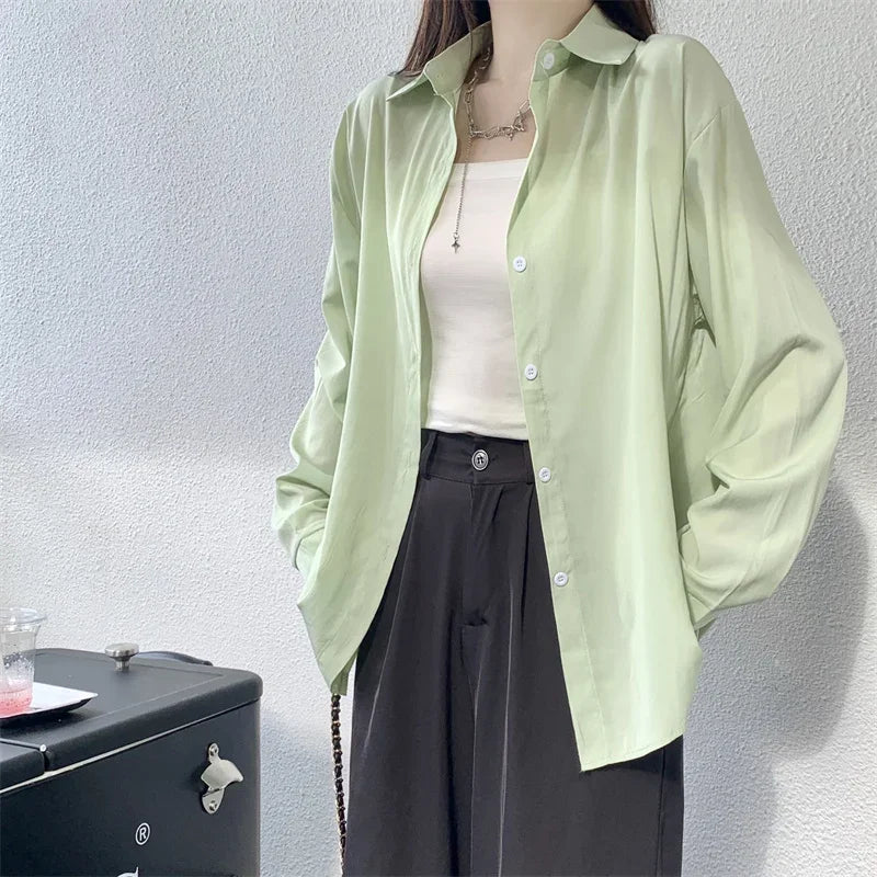 Silky Oversize Button Down Shirt for Women Long Sleeve Boyfriend Blouse Lightweight Summer Cover Up Casual Teen Girl Outfit