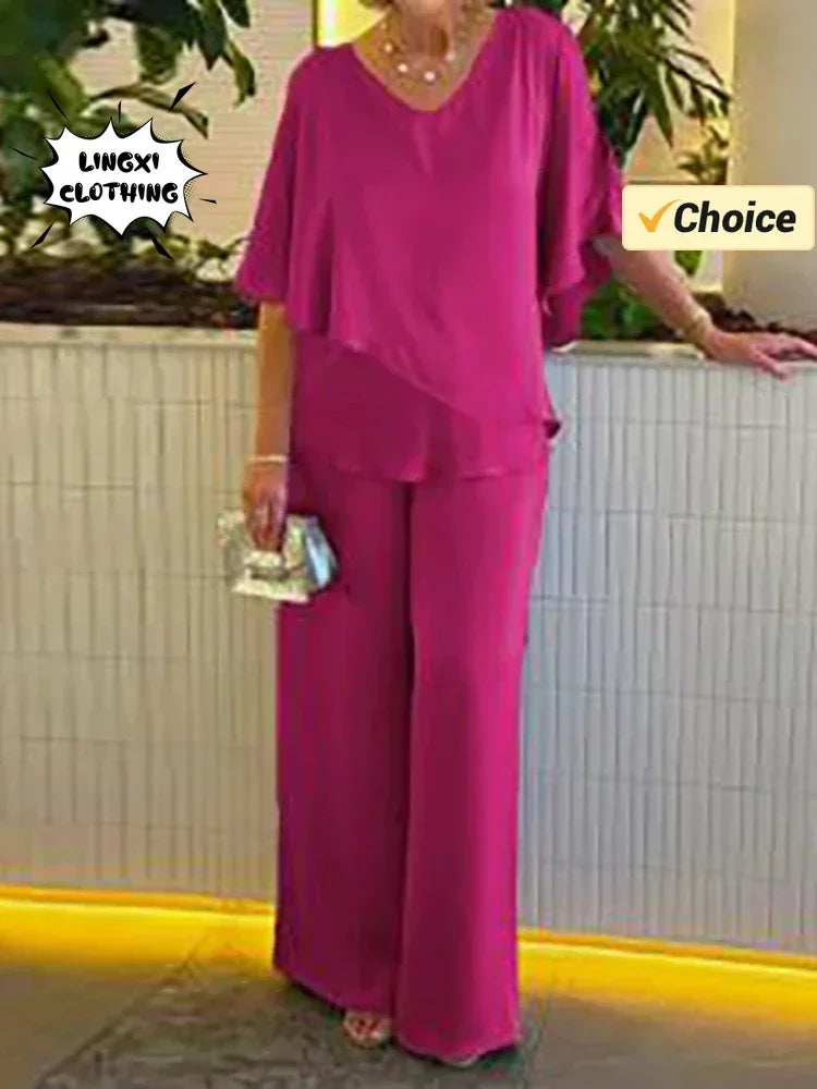 Elegant Summer Women's Two-Piece Set Solid Color V-Neck Irregular Top with High Waist Wide Leg Pants Matching Outfit