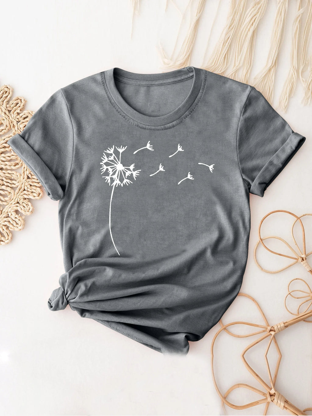 Dandelion Print Casual Crew Neck T-Shirt for Women, Short Sleeve Spring and Summer Top