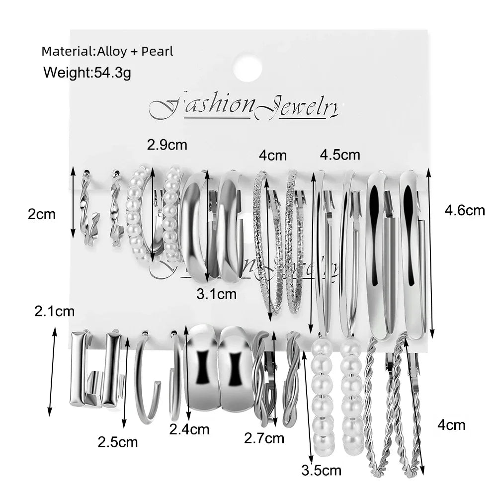 Vintage Silver Y2K Pearl Earrings Set with Round & Square Geometry Hoops for Women