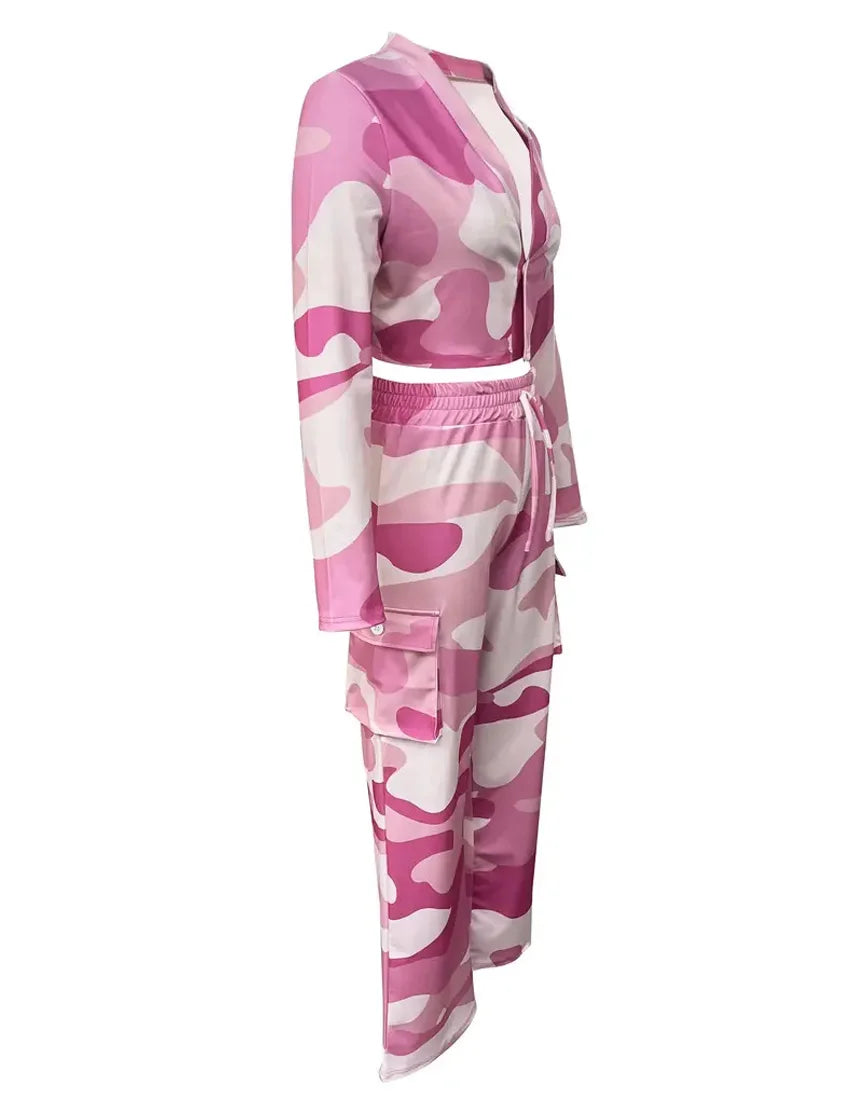 Camo Print Cargo Pants Set with Sexy Crop Top and High Waist Wide Leg Trousers for Women