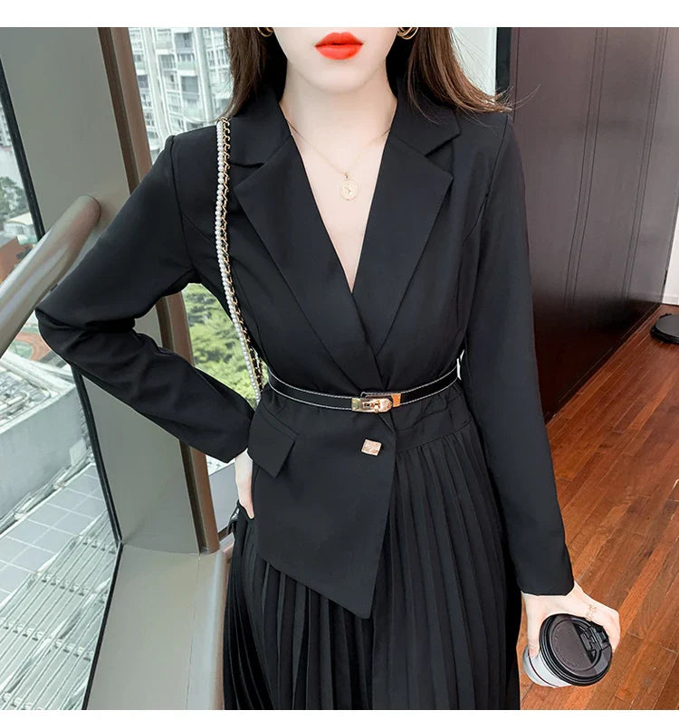 Faux Two Piece Dress With Blazer Collar Pleated Skirt