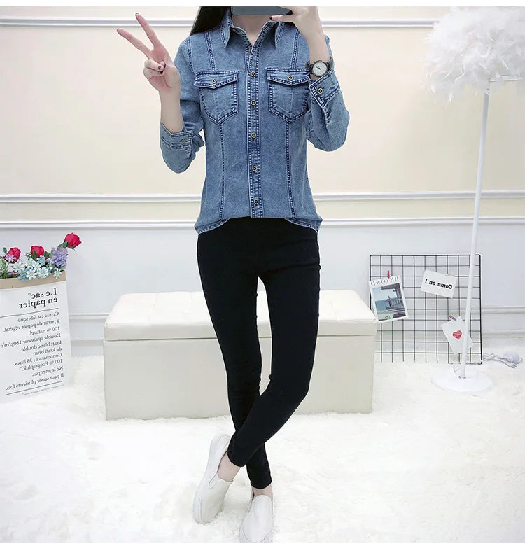 Women's High Quality Denim Shirt Long Sleeve Single Button Blouse with Pockets Casual Korean Style Autumn Winter Top