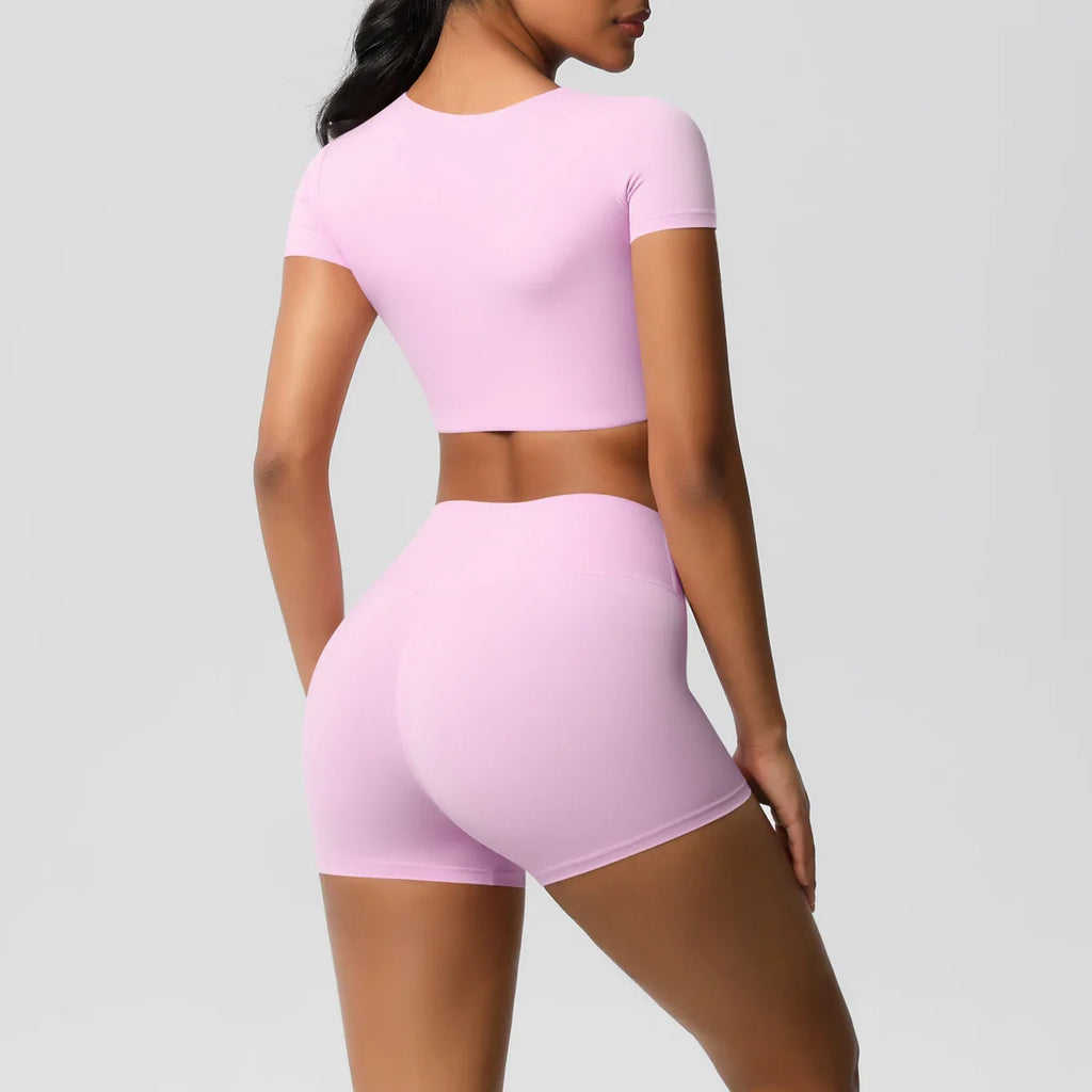 2PCS Women's Fitness Yoga Set High Waist Shorts with Short Sleeve Gym Top Seamless Sportswear Tracksuit for Activewear