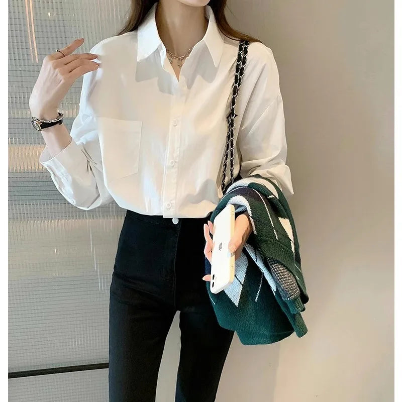 White Long Sleeve Blouse for Women Casual Loose Fit Office Shirt Simple Elegant Workwear Top